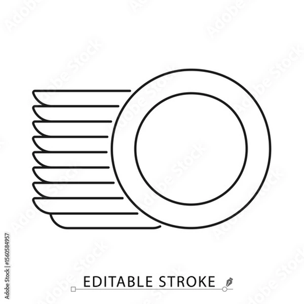 Obraz A stack of clean plates icon in minimalist style with editable stroke. Kitchen tableware, dishwashing result, organized dishes, household item, food serving, outline object, vector line illustration.
