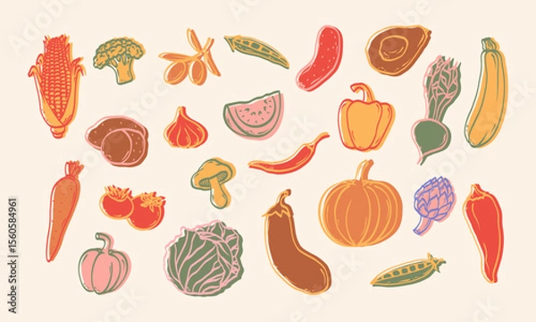 Obraz Minimalist hand drawn sketch vegetables vector illustration. Healthy organic food. Tomatoes, potato, corn, pepper, olives, avocado, pumpkin, cucumber, beet, peas. Vector.
