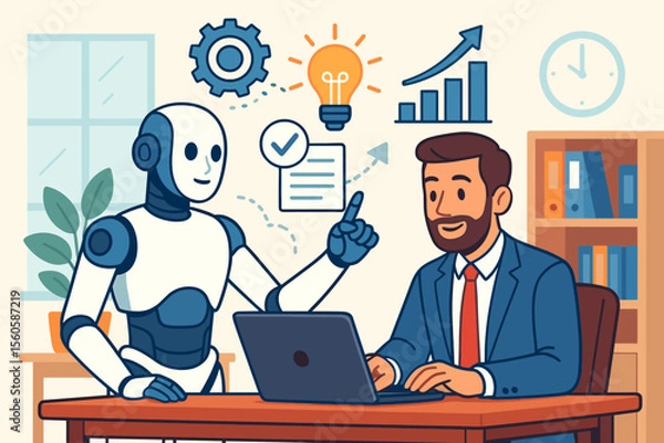 Fototapeta Artificial intelligence enhancing human productivity. AI robot assistant helping businessman in office. Concept of business automation, workflow optimization, innovation, and growth.
