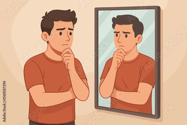 Fototapeta Man looking at his sad reflection in the mirror. Concept of self-reflection, introspection, personal assessment. Low self-esteem, anxiety, doubt. Mental health vector illustration.