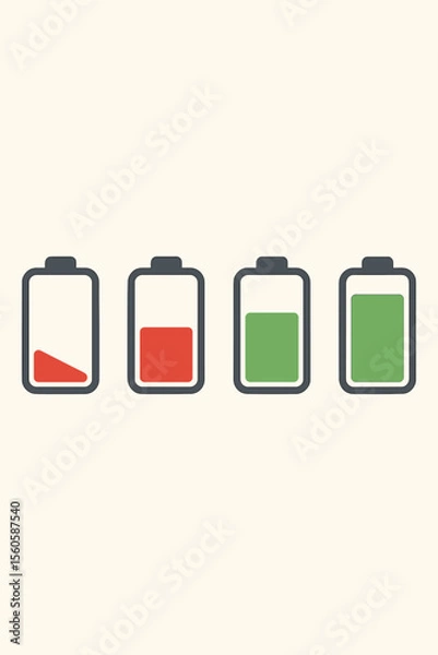 Fototapeta Vector battery charge level indicator set. Full and empty power status icons collection. Red low and green high energy symbols. Flat cartoon illustration for mobile device or app UI.