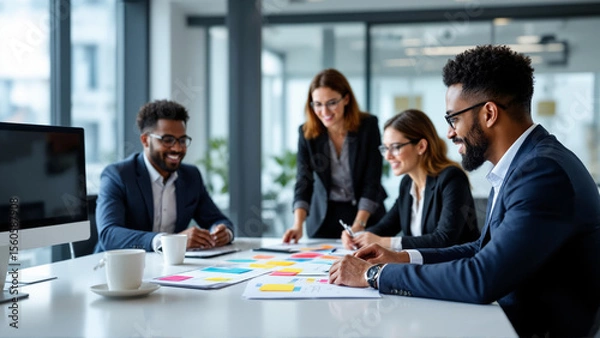 Fototapeta The image shows a group of four people sitting around a table in an office