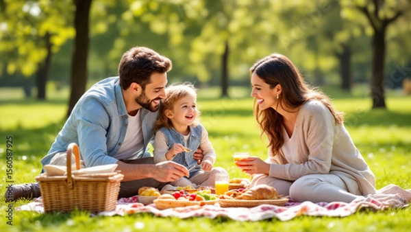 Fototapeta The image shows a happy family of three - a man