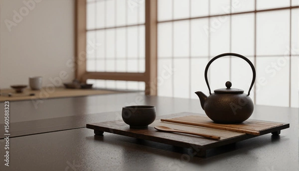 Fototapeta The image shows a teapot sitting on top of a wooden tray next to a cup of tea