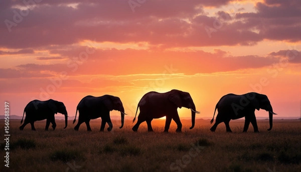 Fototapeta The image shows four elephants walking across a grassy field at sunset