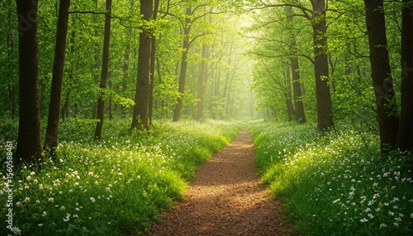 Fototapeta The image shows a path winding through a lush green forest