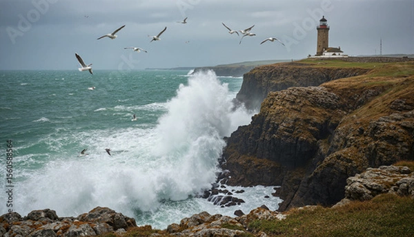 Fototapeta The image shows a flock of seagulls flying over the ocean near a lighthouse