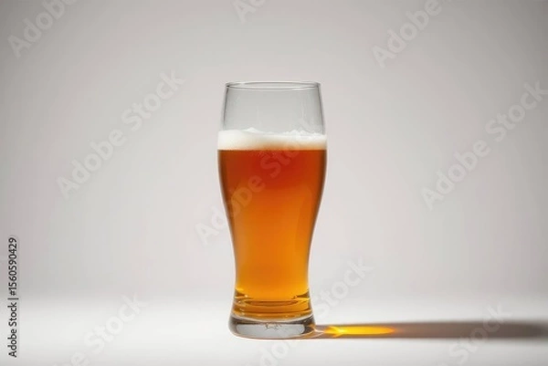 Fototapeta Tall glass of golden beer topped with foam casting a warm shadow on a neutral background