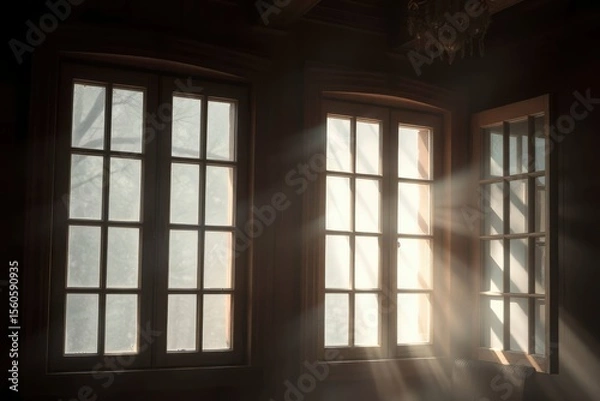 Fototapeta Three paneled windows letting in light in a dark room