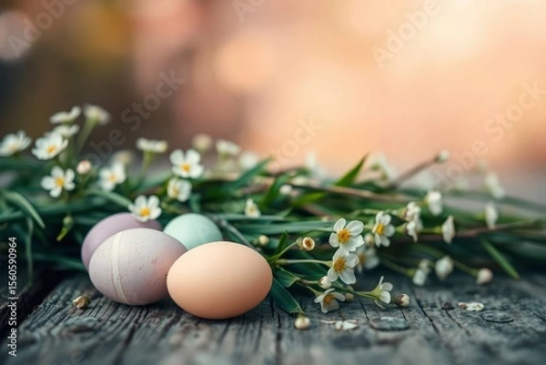 Fototapeta Three pastel eggs rest on weathered wood surrounded by small white flowers