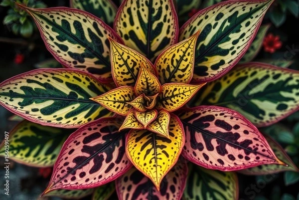 Fototapeta Topdown view of a plant with variegated pointed leaves in yellow green and pink patterned with spots and blotches