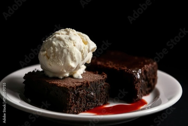 Fototapeta Two brownies sit on a white plate one topped with a scoop of vanilla ice cream and a drizzle of red sauce set against a black background