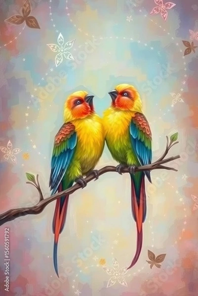 Fototapeta Two colorful parrots perch on a branch against a dreamy backdrop with butterflies