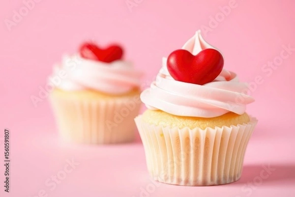 Fototapeta Two cupcakes with pink frosting and a red heart on top sit on a pink background