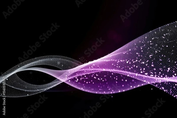 Fototapeta Two undulating dotted ribbons intersect transitioning from white to purple on a black background