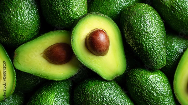 Fototapeta Fresh green avocados with smooth textures are displayed, one cut open revealing its seed and creamy interior.