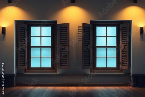 Fototapeta Two windows each with a grid pattern are flanked by open shutters in a softly lit room