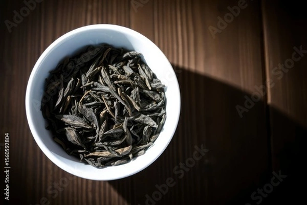 Fototapeta White bowl filled with dry tea leaves on a dark wooden surface lit by light creating a strong shadow