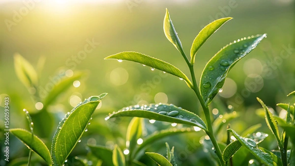 Fototapeta Refreshing Tea Leaves Adorned with Sparkling Dew Drops, Illuminated by the Warm Glow of the Rising Sun in Lush Greenery
