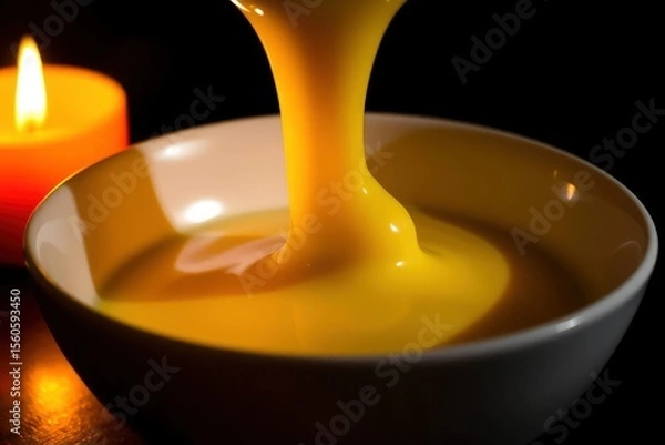 Fototapeta Yellow liquid pours into a white bowl illuminated by a candle on the side set against a dark background