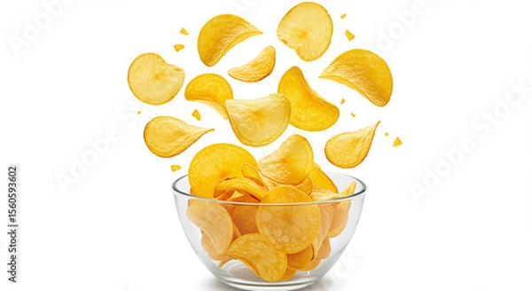 Fototapeta Potato chips falling into glass bowl isolated on white background with clipping path.AI generated