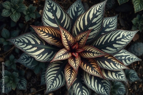 Fototapeta Zebra plant rosette with dark green leaves striped with cream yellow center red edges surrounded by smaller green foliage