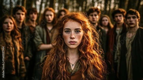 Obraz Celebrating International Redhead Day with a group of friends surrounded by nature during golden hour