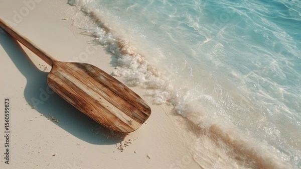 Obraz Wooden paddle resting on sandy beach near gentle waves under bright sky