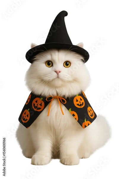 Obraz A fluffy white cat dressed in a witch hat and Halloween-themed cape, perfect for celebrating the spooky season. This charming pet adds a whimsical touch to festive decorations.
