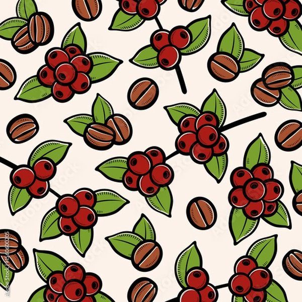 Fototapeta Coffee beans background pattern set. Coffee beans icon. Vector