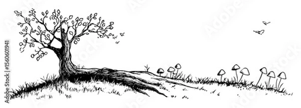 Fototapeta old tree with exposed roots on hillside nature sketch vector