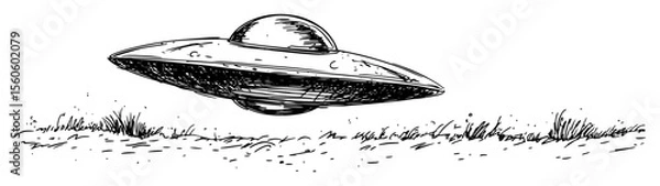 Fototapeta ufo flying saucer hovering over landscape sketch