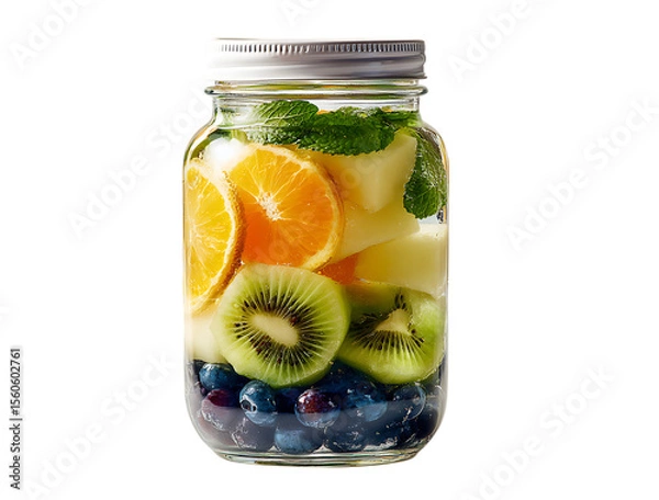 Fototapeta A mason jar filled with layers of fruit, including blueberries and kiwi on the bottom, orange slices next to them, and melon and mint leaves nestled between. The glass container is topped.