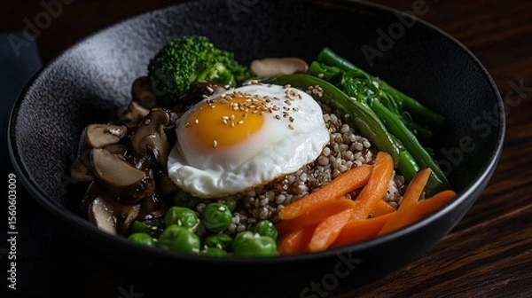 Obraz cooked buckwheat topped with a fried  egg and sesame seeds, surrounded by an assortment of steamed vegetables