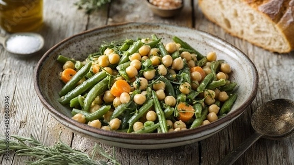 Obraz salad made with chickpeas, fresh green beans, and sliced carrots, tossed with herbs and a light dressing