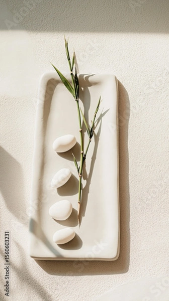 Fototapeta Smooth white stones and bamboo sprig resting on ceramic tray, illuminated by soft sunlight. Zen-inspired minimalist composition evoking calm and balance
