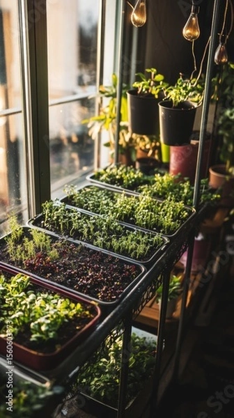 Fototapeta Microgreens growing on metal rack near window, soft edison bulb glow illuminating dill, beet seedlings with hanging plants surrounding verdant sprouts