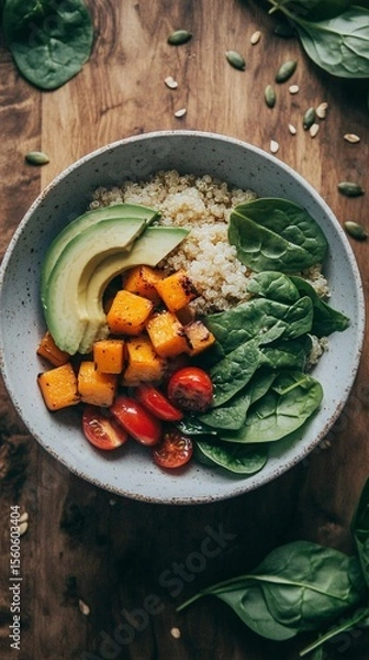 Obraz A bowl with quinoa, spinach leaves, avocado slices, roasted pumpkin cubes and tomatoes on a wooden table