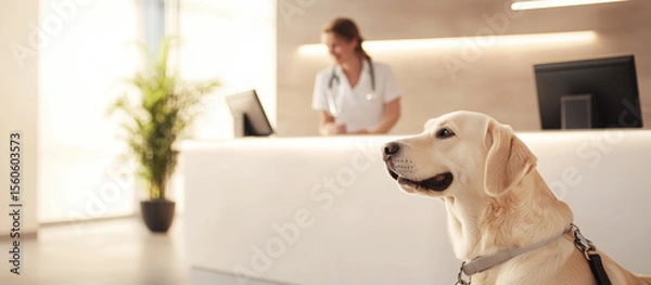 Fototapeta Golden labrador resting on clinic floor, veterinary professional working at reception, providing professional pet healthcare services