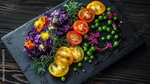 Obraz colorful plate of fresh vegetables and edible flowers arranged artfully on a slate board