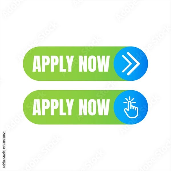 Fototapeta Two modern apply now buttons with green to blue gradient and white text one with a click icon and the other with double arrows