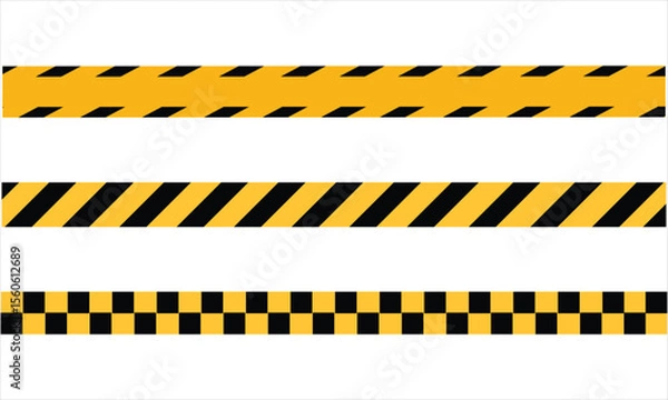 Obraz Yellow and Black Hazard Tape Vector Set – Caution Stripes and Checkerboard Safety Patterns on White Background