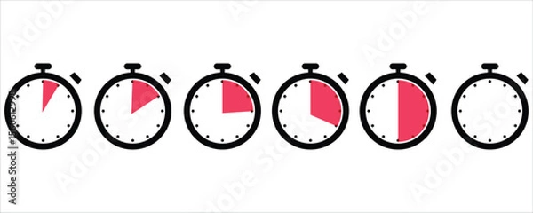 Obraz Stopwatch Vector Icons Set – Five Time Interval Symbols in Red on White Background
