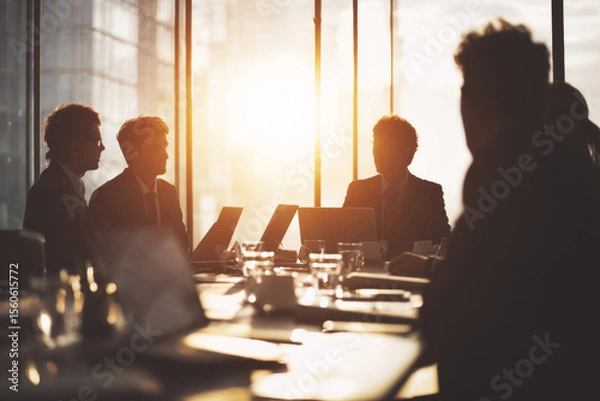Obraz Silhouetted Professionals in a Golden Hour Boardroom Meeting