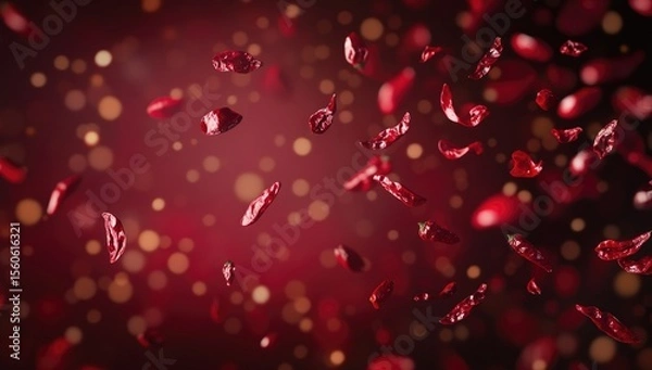 Fototapeta Dried red chili peppers falling against a blurred maroon background