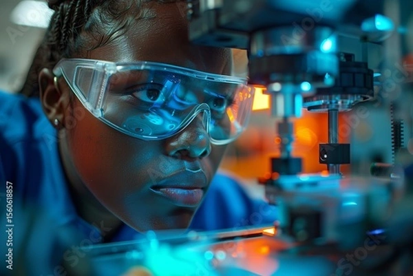 Fototapeta Focused scientist working with advanced machinery in a laboratory, showcasing innovation and futuristic technology.