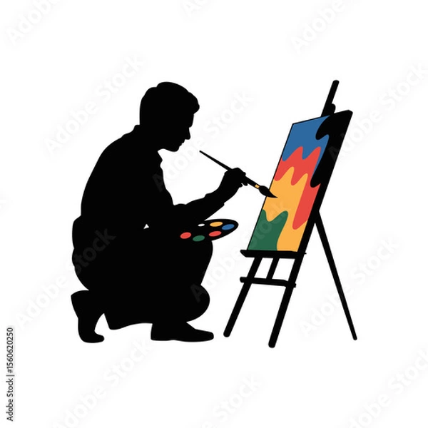 Fototapeta Artisan's Vision: Silhouette of an artist passionately creating a vibrant artwork on a canvas, brush in hand and colors at their disposal, embodying the creative process and artistic inspiration.