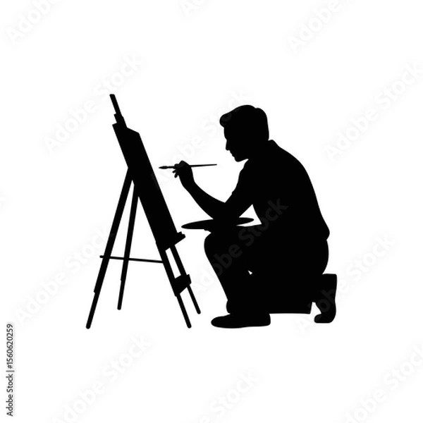 Fototapeta Artistic silhouette: Capturing the creative process of a silhouette, the artist is absorbed in his artistic work with an easel, brush and palette, immersed in the art world, creating a masterpiece.