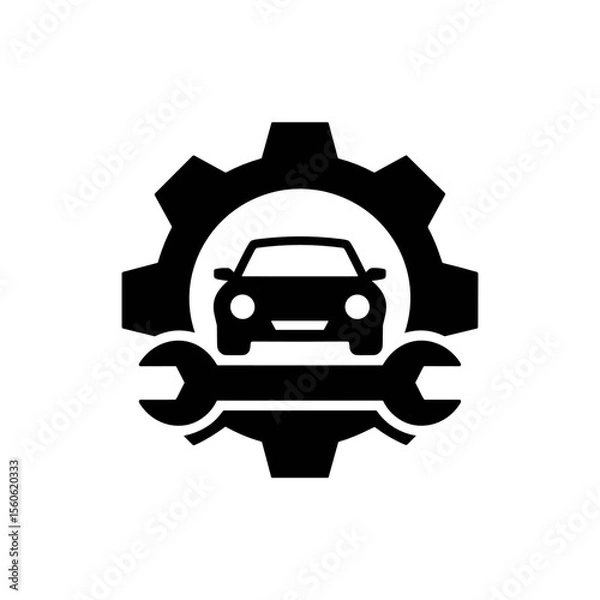 Fototapeta Automotive Engineering Symbol: A bold, graphic representation of a car encircled by a gear, with wrenches beneath, symbolizing automotive engineering and repair.