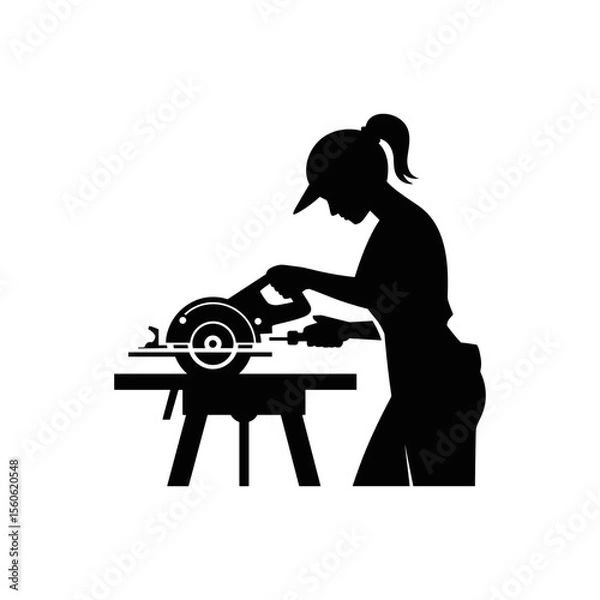 Fototapeta Silhouette of a Crafts person: A silhouette of a woman, showcasing her focus on a circular saw with precision. a modern depiction of skill and craftsmanship.